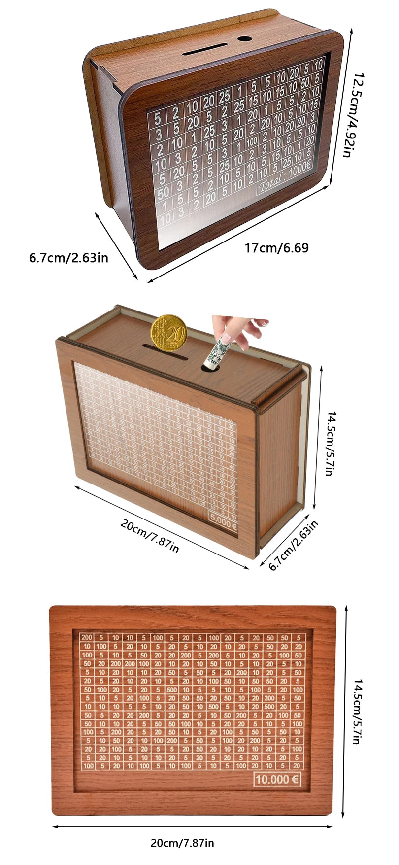 Money Box Wooden Piggy Bank Money Container for Cash Saving Treasure Coin Case 1000/5000/10000 Euro Helps The Habit of Saving