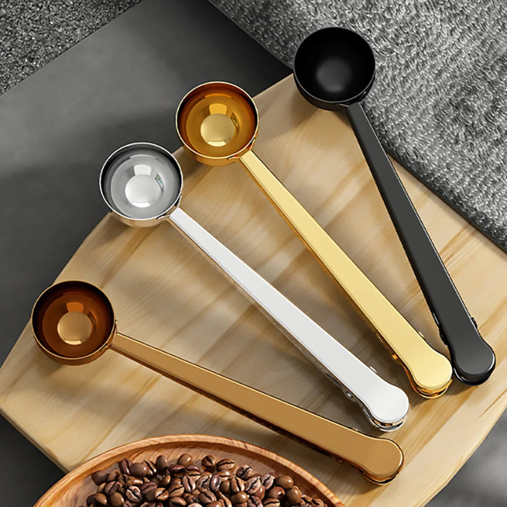 2 in 1 Creative Coffee Spoon 5ml Stainless Steel Multifunctional Coffee Scoop with Sealing Clip Kitchen Measuring Coffee Scoop