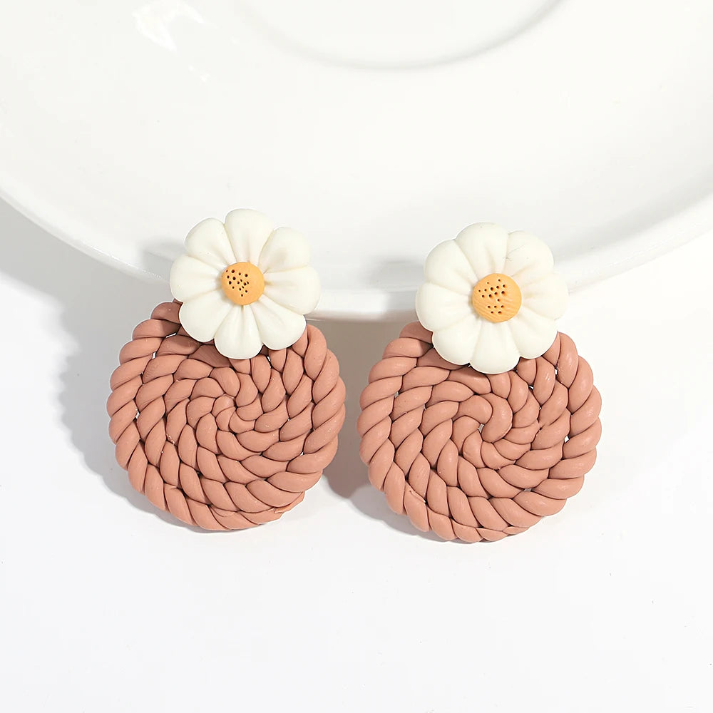 AENSOA Handmade Braided Flower Polymer Clay Earrings for Women Geometric Round Teardrop Floral Sweater Knit Earrings Jewelry