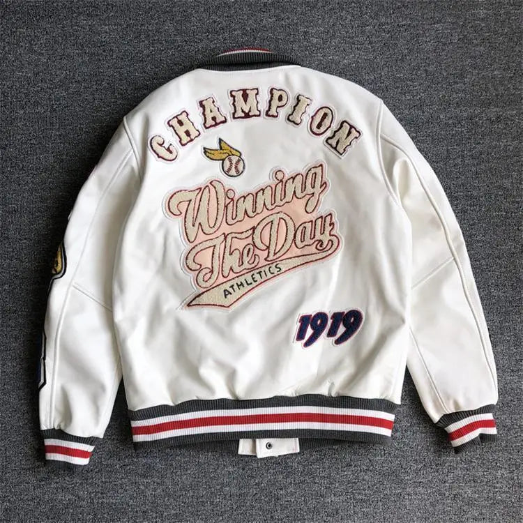 2025 New Men's winter baseball Jacket Men Retro Trend leather Jacket heavy industry embroidery white short Coats Men Clothing