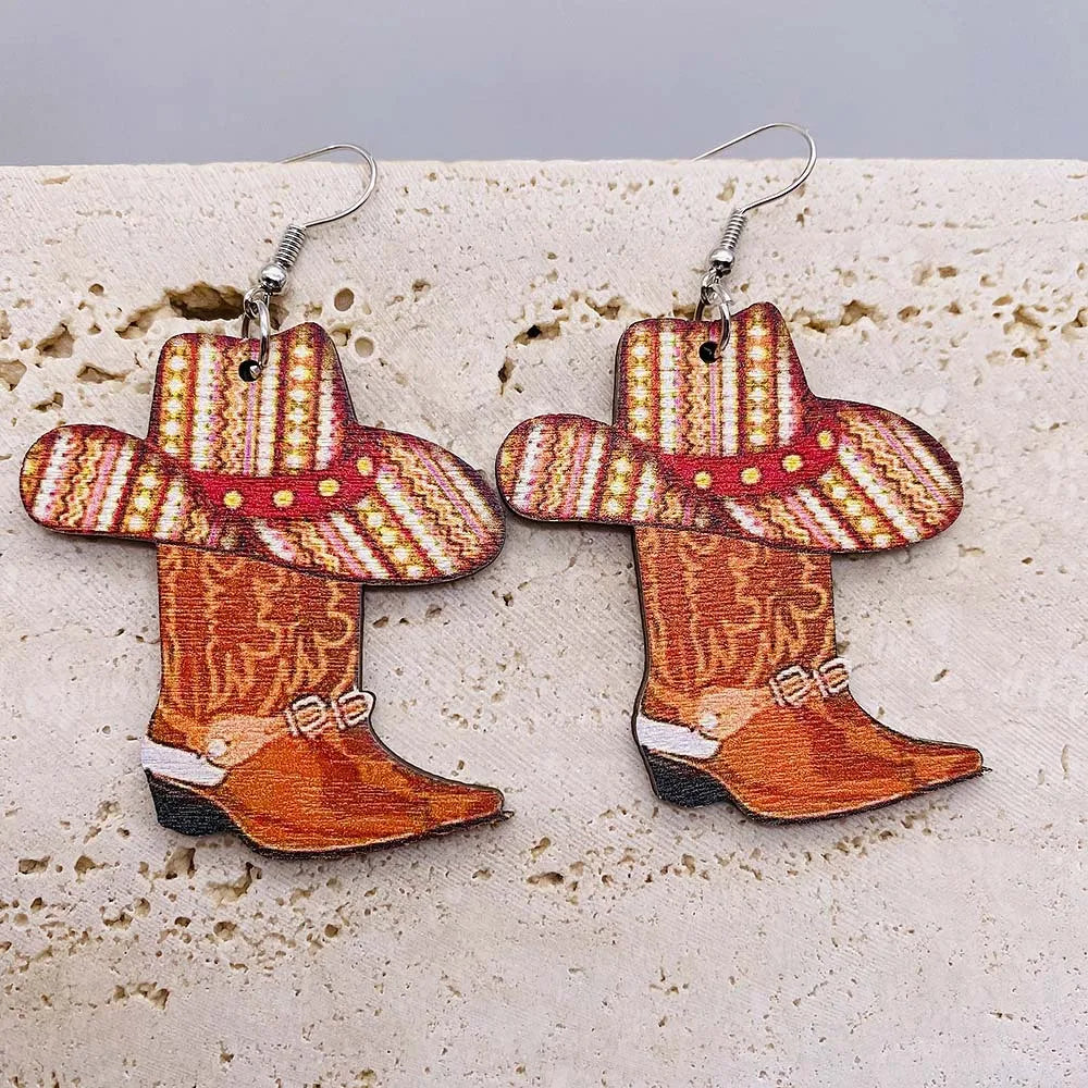 Western Cowboy Wood Earrings Boots Hat Pendant Earrings Sunflower Cow Skull Cowboy Hat Boot Drop Earrings for Women Jewelry