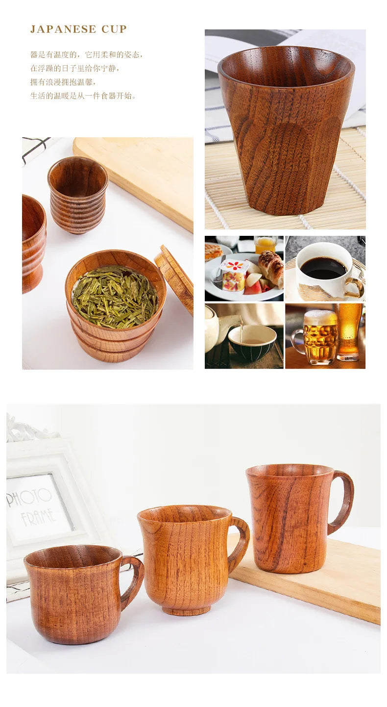 Wooden Big Belly Cups Japan Style Milk Water Cup with Handle Coffee Beer Tea Mug Handmade Natural Kitchen Bar Drinkware Cups