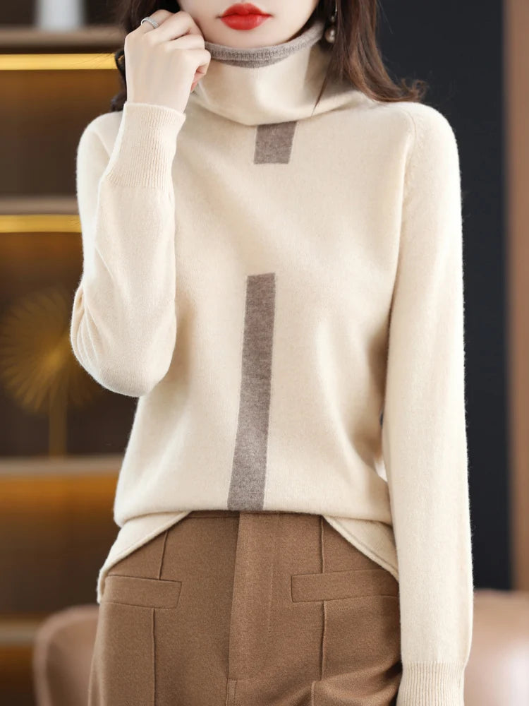 100% Mink Cashmere Sweater Ladies Pile Collar Pullover Tops Spring / Autumn New Colorblock Top Korean Style Fashion Tight Thin