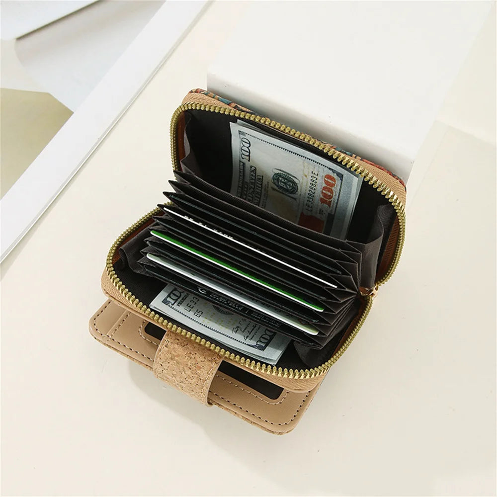 Retro Printed Women's Short Wallet Zipper Cork Leather Card Bag Multi functional Card Slot Women's Card Case Money Pouch Clutch