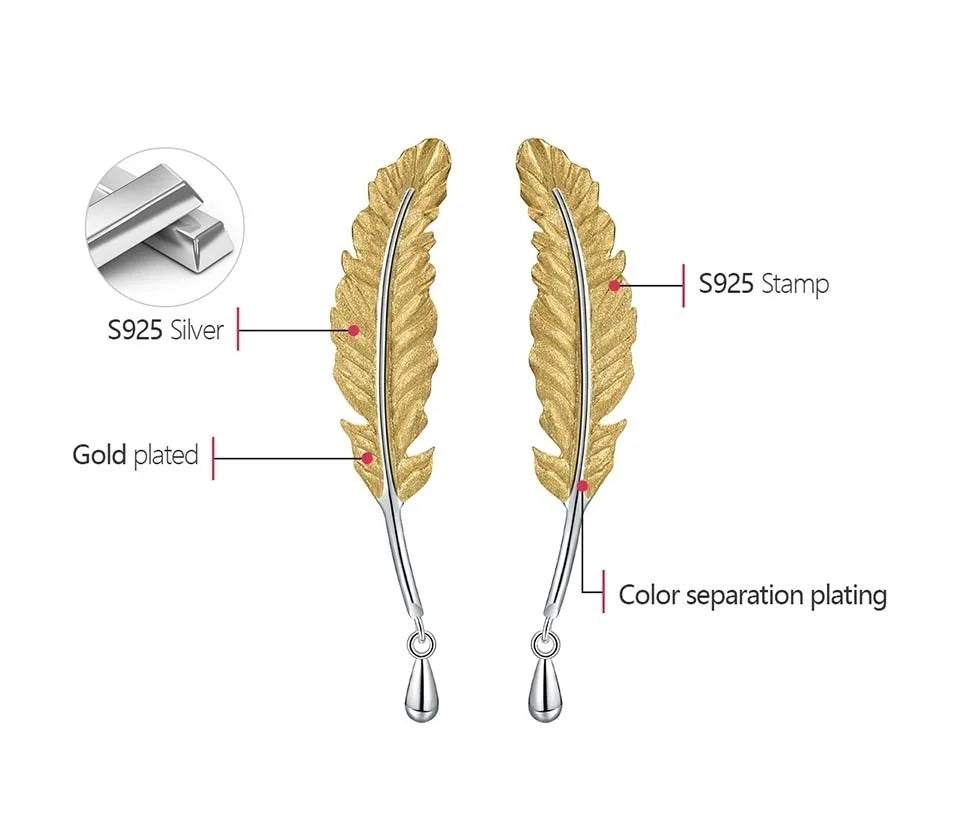 Lotus Fun 18K Gold Luxury Vintage Genuine 925 Sterling Silver Unusual Feather Earrings for Women Original Jewelry 2021 trend New