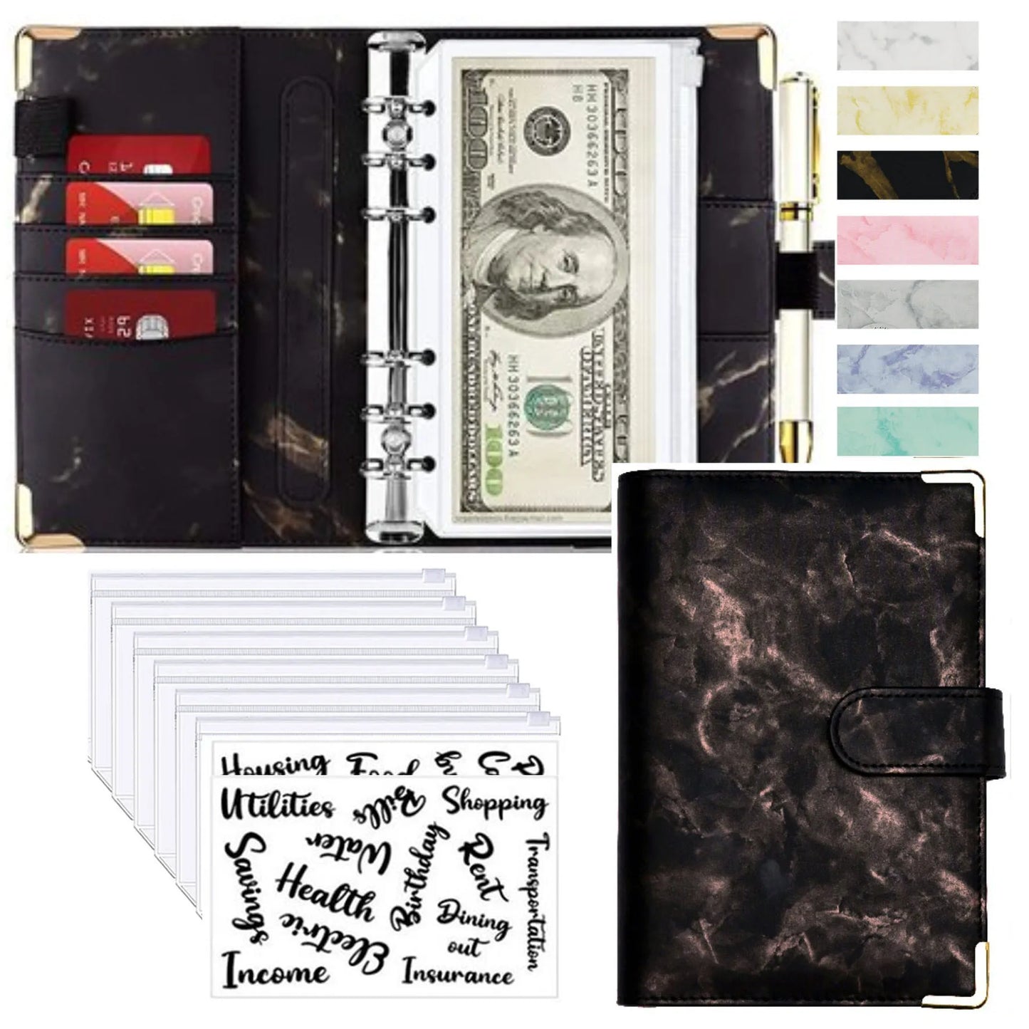 A6 Money Saving Organizer PU Leather Budget Binder Marble Notebook Budgets Planner 2023 Envelope Office School Supplies Valentines Gift