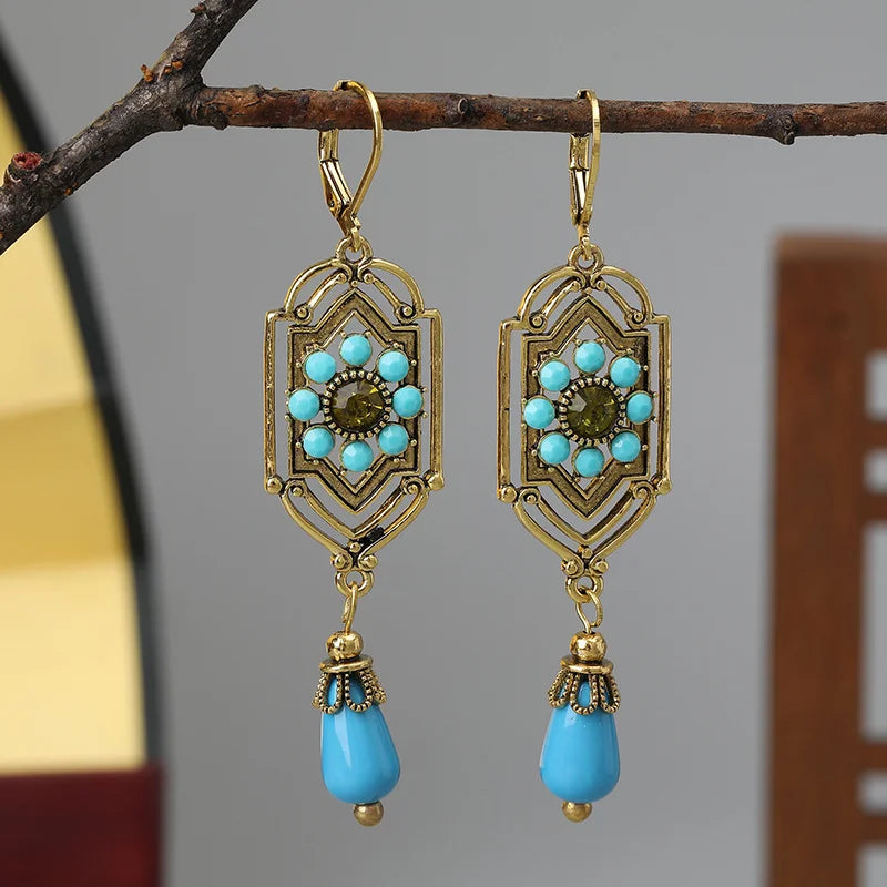 Boho Ethnic Geometric Waterdrop Stone Earrings Jewelry Gold Color Red Blue White Pearl Handmade Earrings For Women Girls Gift