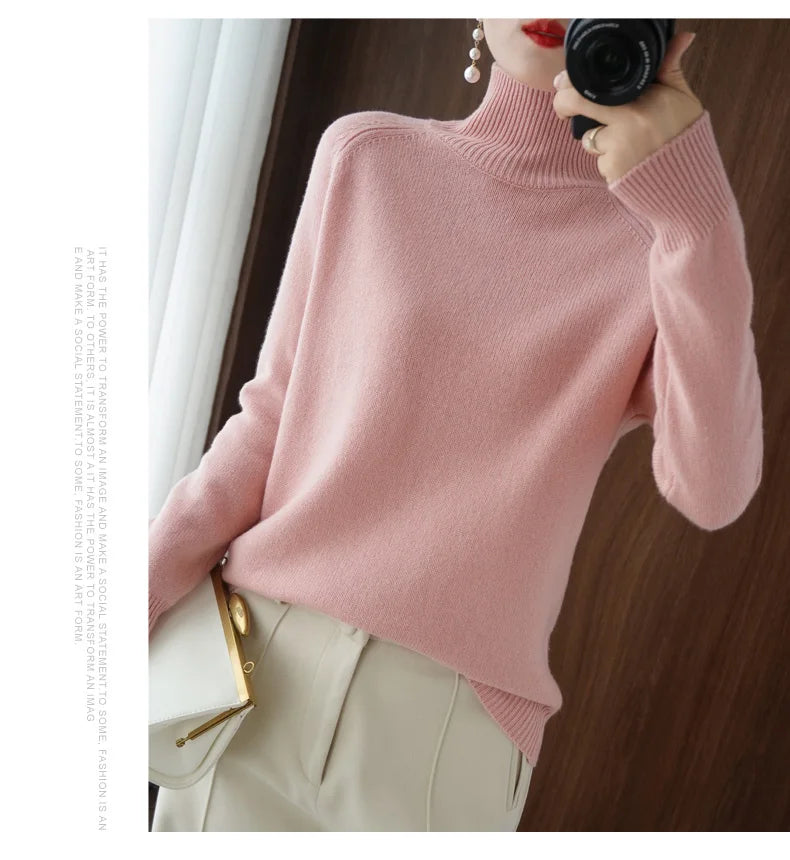 Fashion Basic Autumn Winter  Merino Wool Sweater Mock Neck Cashmere Pullover  Solid Color Soft Long Sleeve Clothing Tops