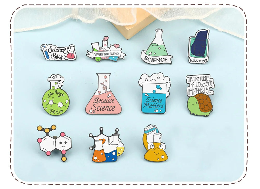 Science Enamel Pins Cartoon Chemistry Experiment Badge Element Molecular Structure Beaker Test Tube Brooches Bag Jewelry Gifts