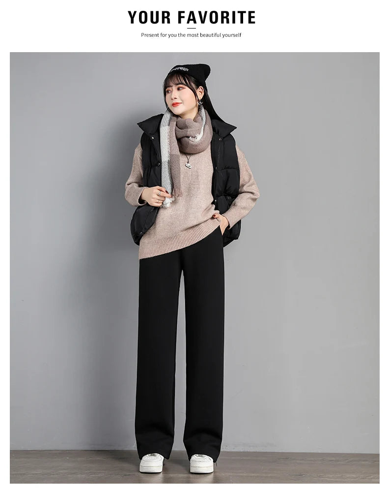 Women Warm Winter Plush Thick Pants Lambskin Cashmere Trousers High Waist Cotton Fleece Loose Female Wide Leg Pants PELEDRESS