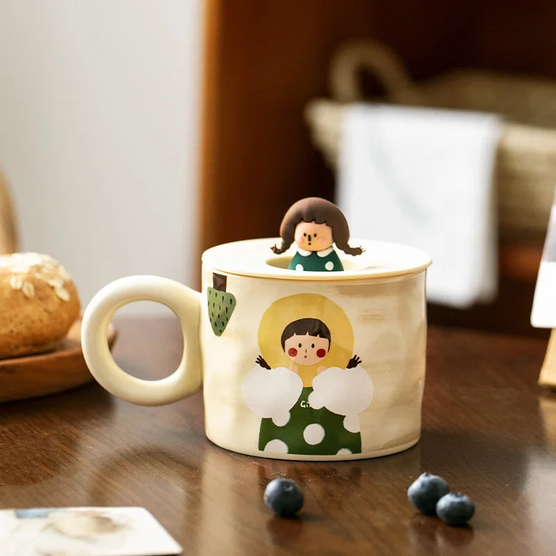 Cute Boys And Girls Couple Water Cup Ceramic Mug With 3d Lid&Handle Breakfast Cup Milk Coffee Cup For Restaurants/Cafes