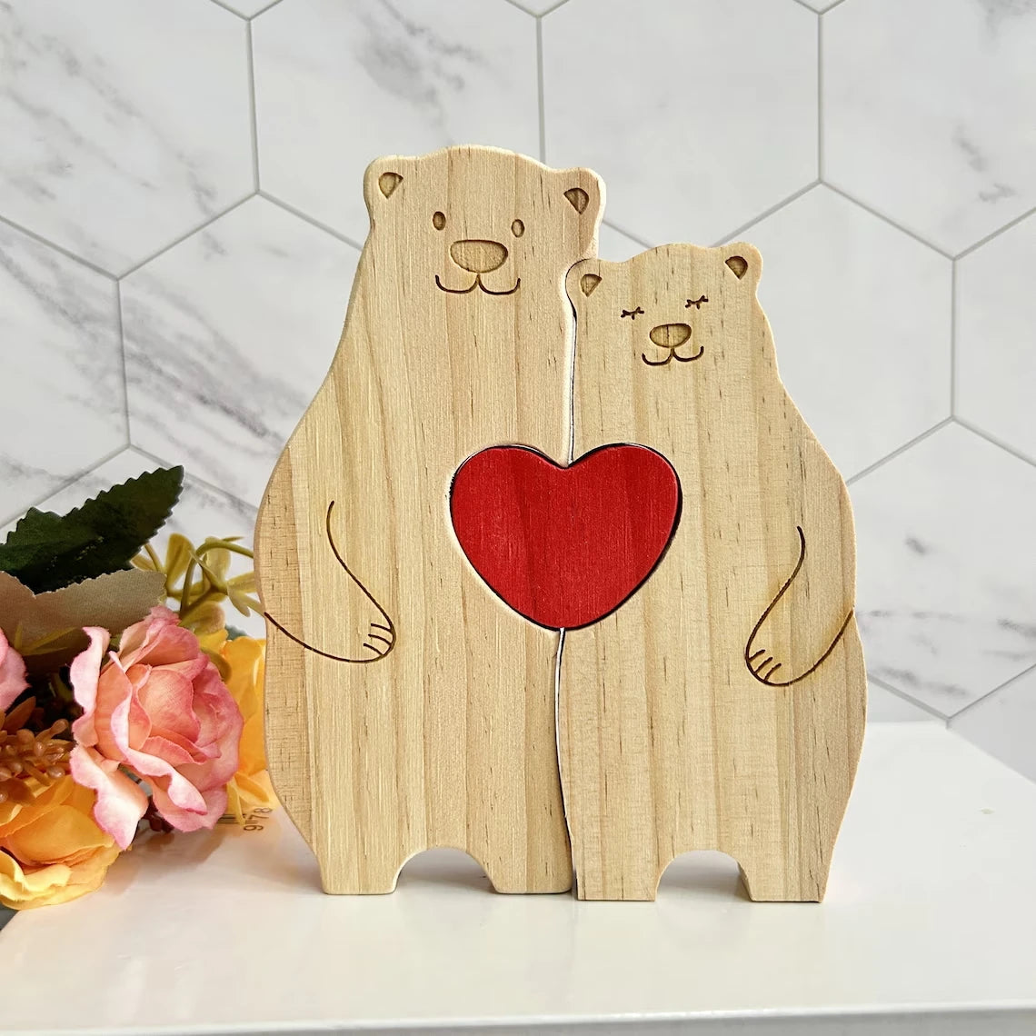 2024 Family Wooden Lovely Bears Puzzle Personalized Family Names Hug Bears Ornaments Christmas Gift Wooden Figurines Home Decor Valentines