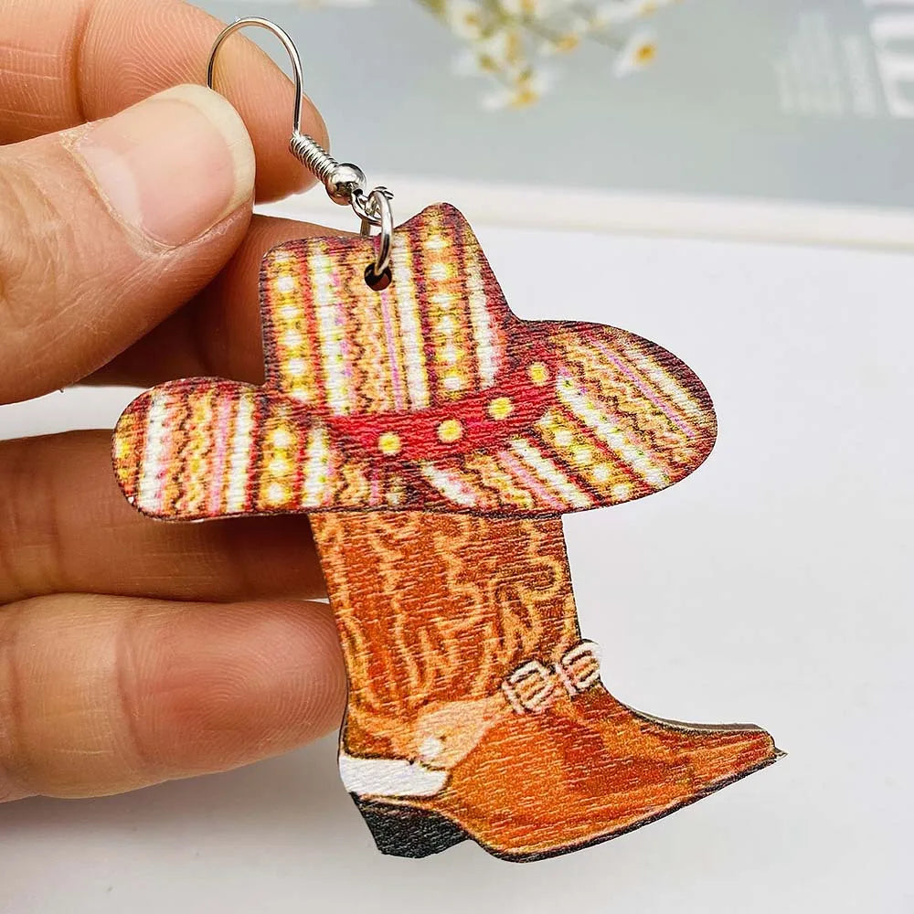 Western Cowboy Wood Earrings Boots Hat Pendant Earrings Sunflower Cow Skull Cowboy Hat Boot Drop Earrings for Women Jewelry