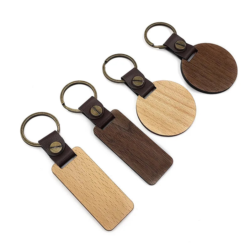 Customized PU Leather Wooden Keychain Blank DIY Wood Keyring Square Engraved Car Key Chains Retro for Friends Lovers Family Gift Valentines Gift