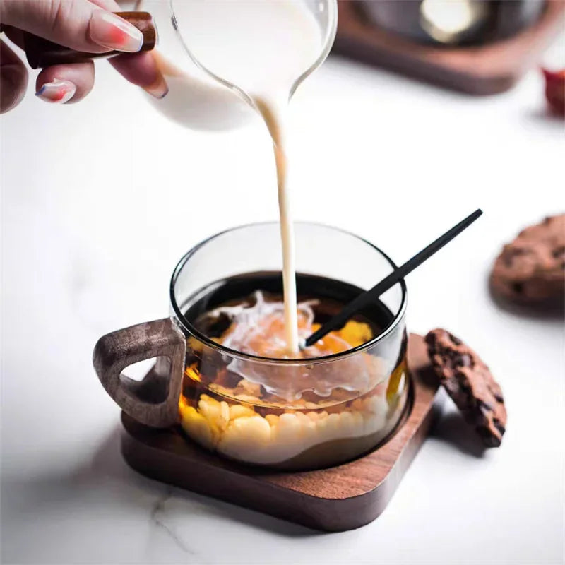 200ml Glass American Latte Coffee Cup With Wooden Tray High Borosilicate Heat-resistant Milk Tea Cup Fresh Ground Coffee Mug