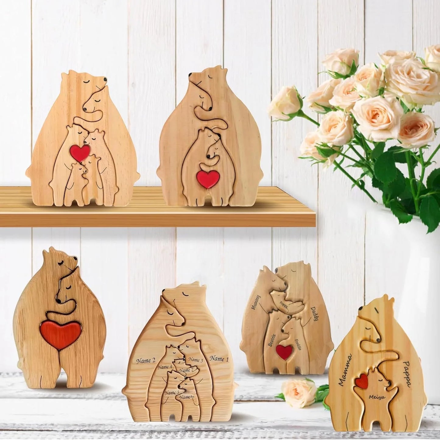 Art Wooden Bear Family Puzzle Personalized Name Custom Home Decor Thanksgiving Christmas Heartwarming Gift for Baby Mom