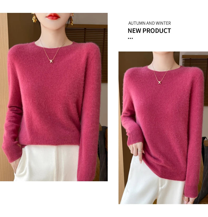 Autumn Winter Women Clothing O-Neck Pullover 100% Merino Wool Sweater New Fashion Cashmere Tops Bottoming Long Sleeve Knitwear