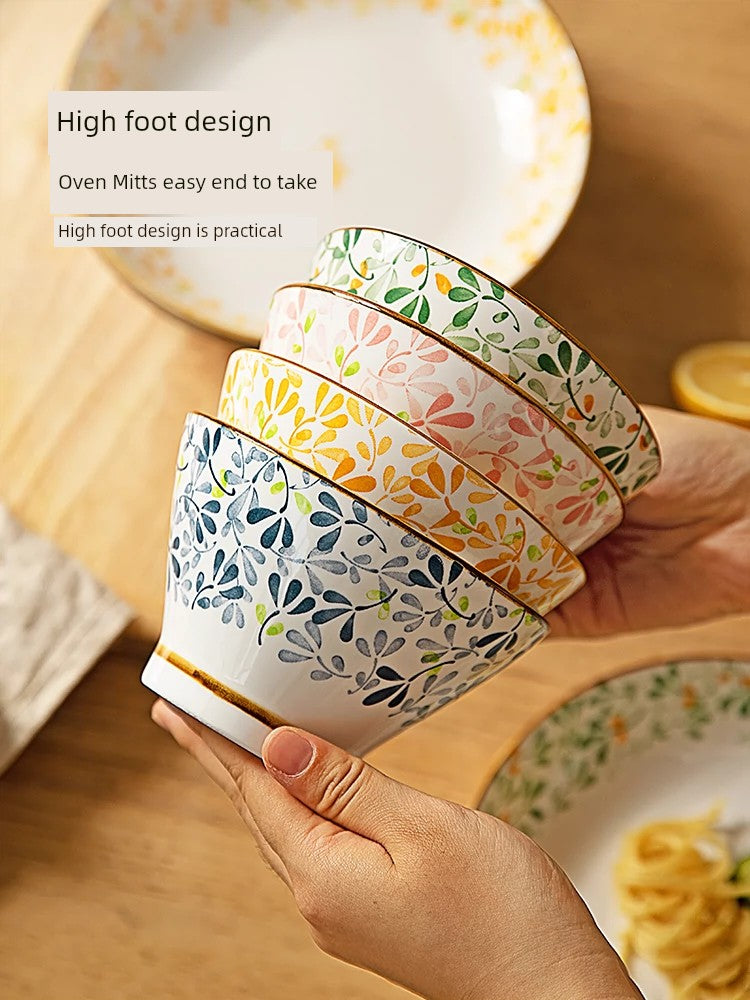 Modern Housewife Japanese Style All Year Round Flowers Ceramic Bowl For Home Rain-Hat Shaped Bowl Especially Beautiful Rice Bowl for Personal Use