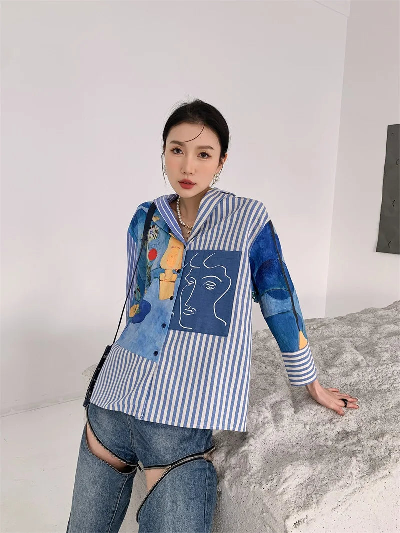 Women's Clothing Shirts Polo Collar Stripe Printing Asymmetrical Long Sleeves Casual Vintage Fashion Baggy Blouse Tops Ladies