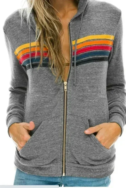 Autumn Unisex Women's Aviator Nation Long Sleeve Hooded Sweatshirts Casual Zipper 5 Stripe Rainbow Hoodies Jacket Coat