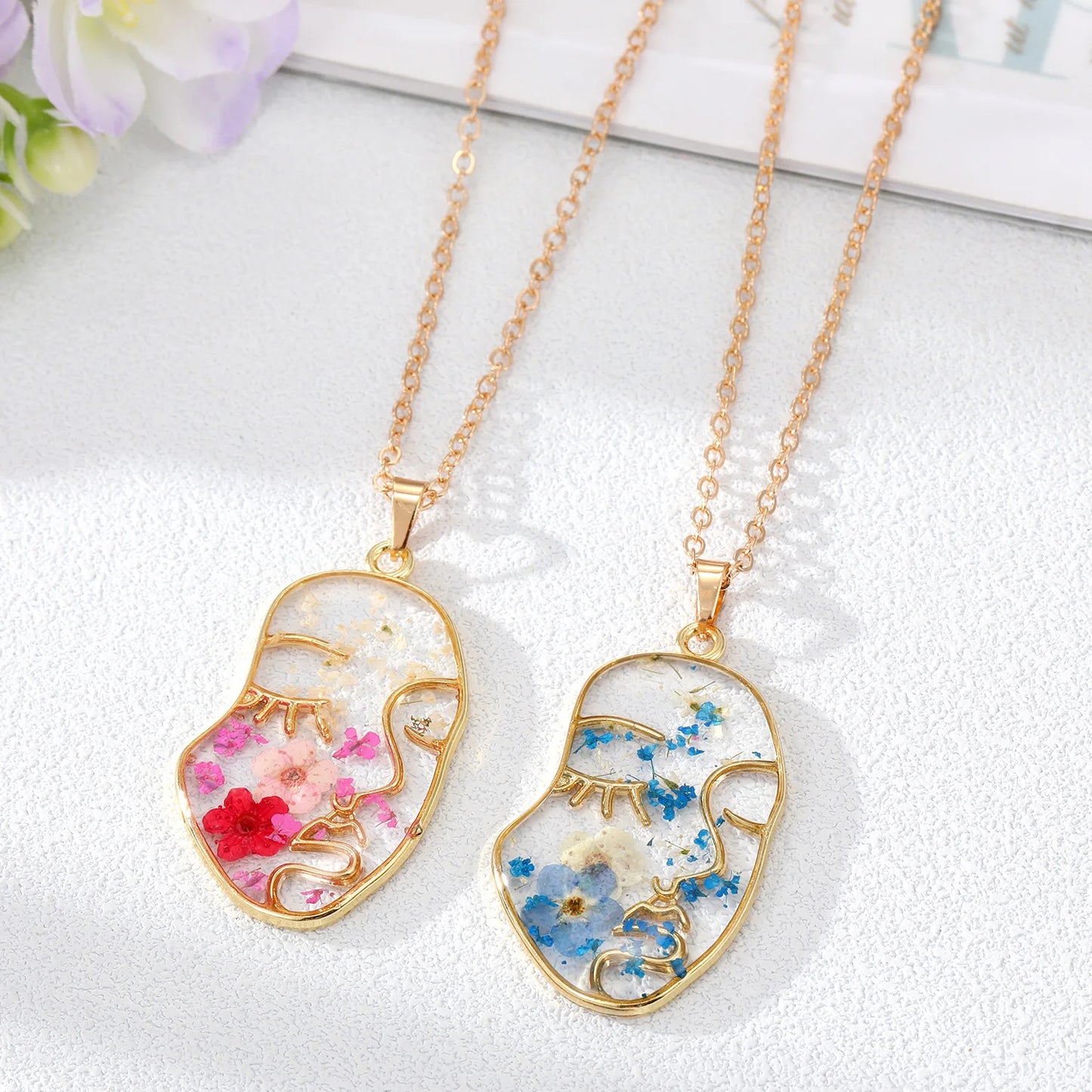 Makersland Fashion Face Necklace For Women Dried Flowers Pendant Jewelry Female Charms Vintage Aesthetic Luxury Girl Necklaces