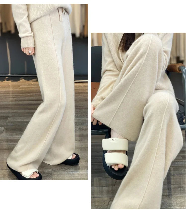 Wool Knitted Wide Leg Pants Women Autumn Winter Thickened High Waist Drip Feeling Cashmere Pants Coffee Straight Casual Pants