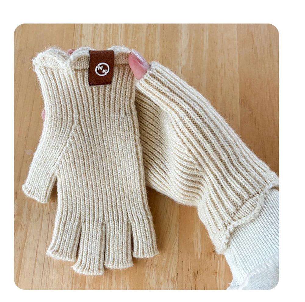 Women's Solid Color Knitted Warm Gloves Winter Half Finger Touch Screen Mittens Outdoor Cycling Stretch Gloves for Adult Couples