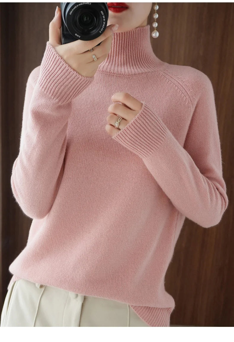 Fashion Basic Autumn Winter  Merino Wool Sweater Mock Neck Cashmere Pullover  Solid Color Soft Long Sleeve Clothing Tops