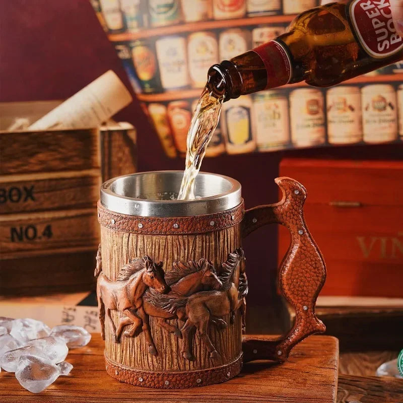 3D Handmade Beer Mug Wood Stainless Steel Cup Running Horses Simulation Wooden Barrel Double Wall Vintage Bar Accessories