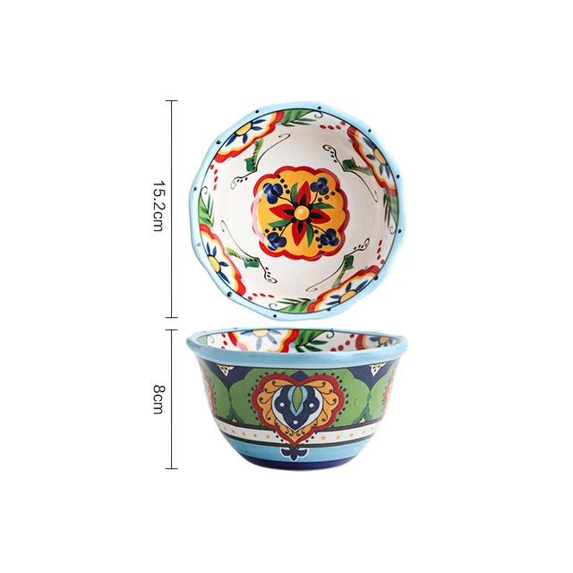 Creative Bowl Ceramic Bohemian Hand-Painted Rice Bowl  Instant Noodle Bowl Household Fruit Salad Bowl Kitchen Tableware