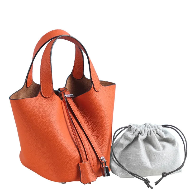 Various Genuine Leather Luxury Bag Fashion Women's Handbag Vegetable Basket Style Portable Women Bucket Bag with Lock