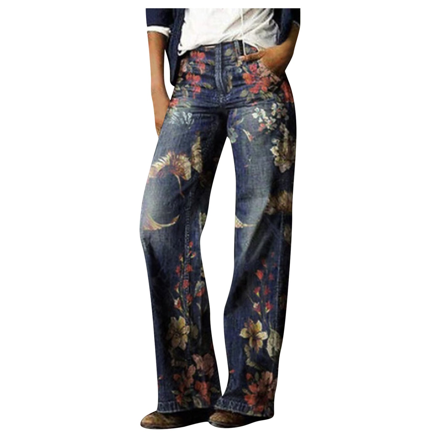 Retro Jeans Women Loose Wide Leg Pants Floral Print Denim Trousers Streetwear Pantalones Harajuku Baggy Jeans джинсы женский