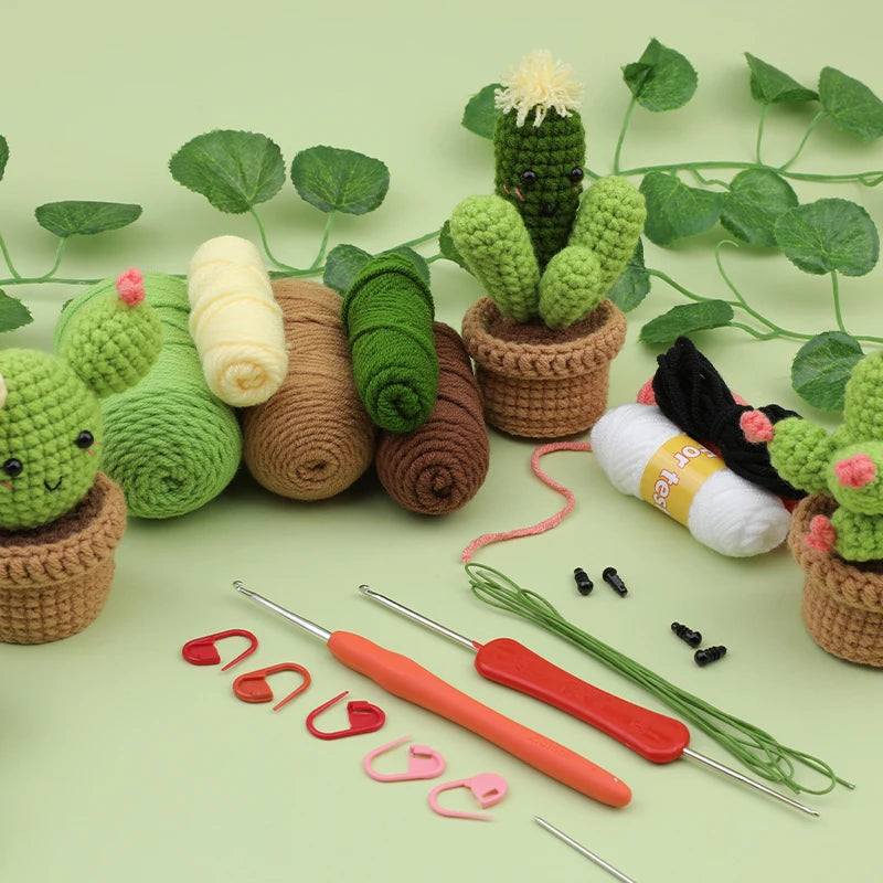 MIUSIE Beginner Crochet Kit Cactus Potted Plant Creative Crochet DIY Keychai Knitting Key Holder Crochet Dolls Material Pack