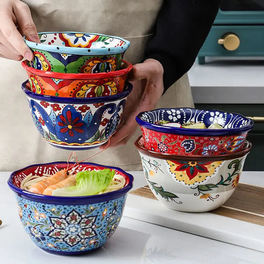 Creative Bowl Ceramic Bohemian Hand-Painted Rice Bowl  Instant Noodle Bowl Household Fruit Salad Bowl Kitchen Tableware