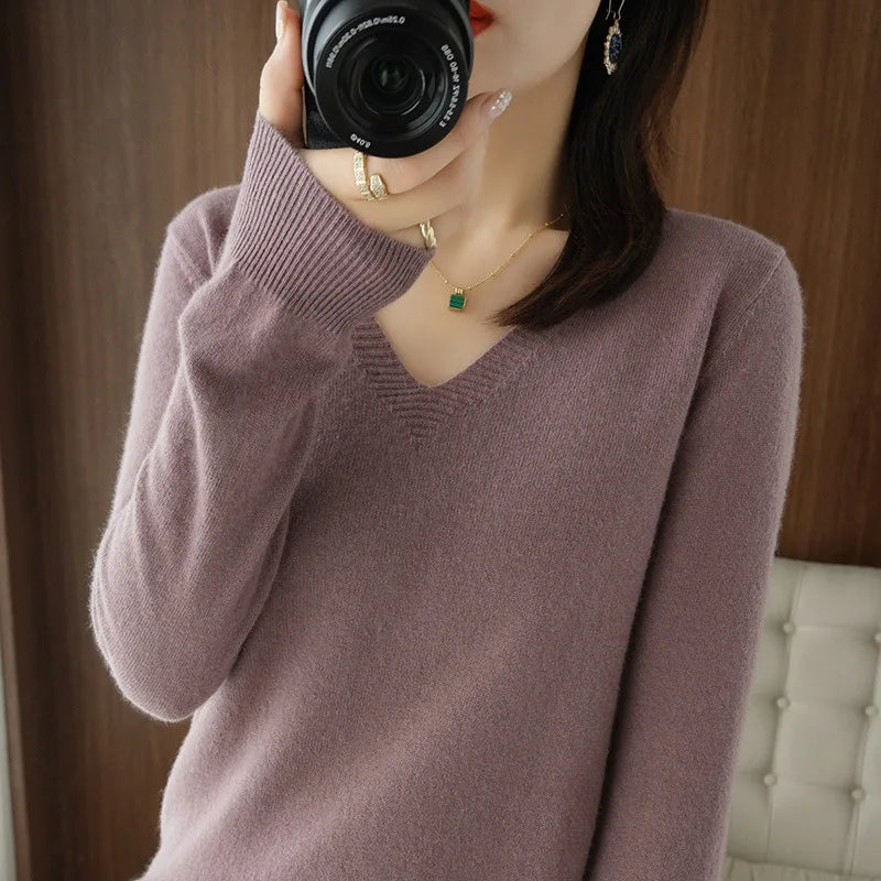 New Cashmere Women's V-neck Pullover Lace Neck Hollow Out Design Casual Knitted Long Sleeve Women's Sweater Autumn And Winter