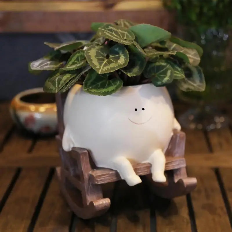 New Face Planter Pots for Indoor Plants Cute Resin Flower Head Planters, Sit Rocking Chair Succulent Pots with Drainage Hole