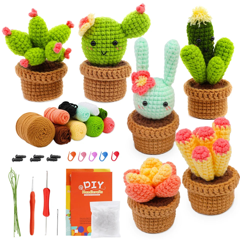 MIUSIE Beginner Crochet Kit Cactus Potted Plant Creative Crochet DIY Keychai Knitting Key Holder Crochet Dolls Material Pack