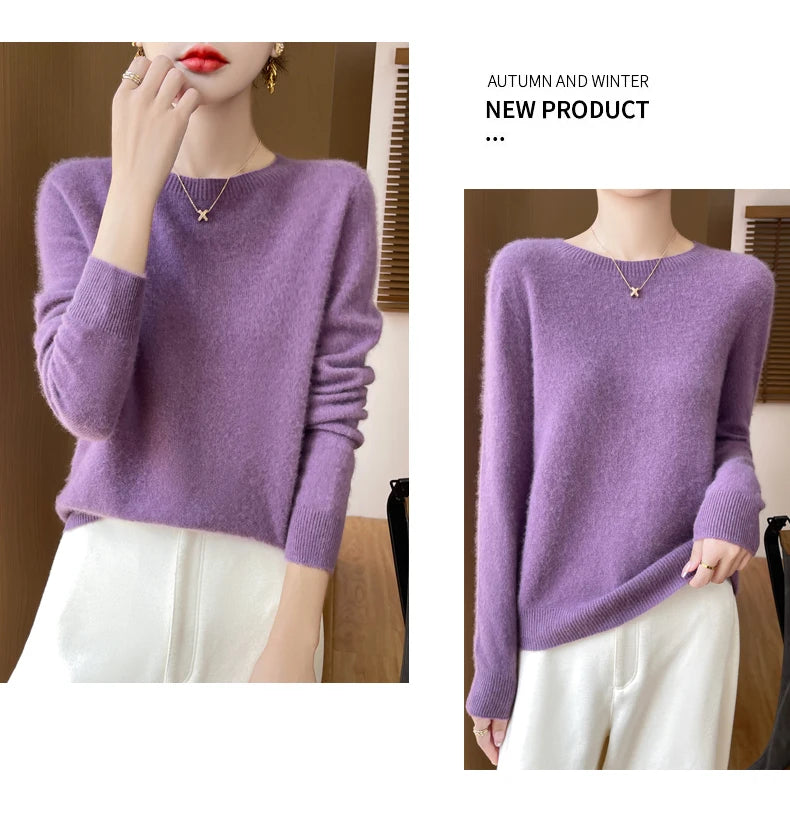 Autumn Winter Women Clothing O-Neck Pullover 100% Merino Wool Sweater New Fashion Cashmere Tops Bottoming Long Sleeve Knitwear