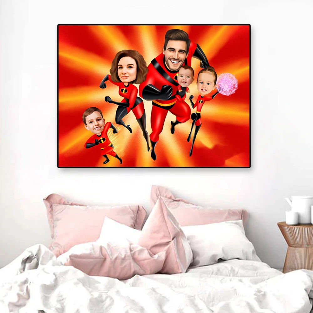 Funny Custom Poster The Incredibles Family Portrait Personalized Superheroes Family Cartoon Canvas Painting Best Gifts Wall Art Valentines Gift