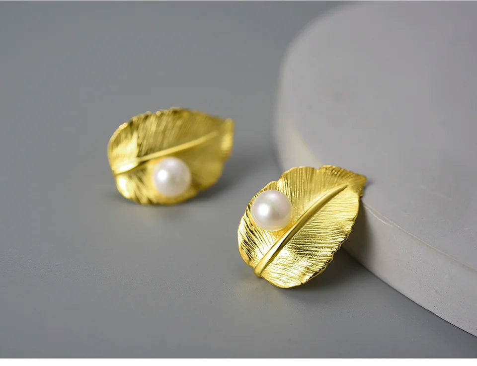 Lotus Fun 18K Gold Natural Pearl Unusual New Leaf  Stud Earrings for Women Original Real 925 Sterling Silver Luxury Fine Jewelry