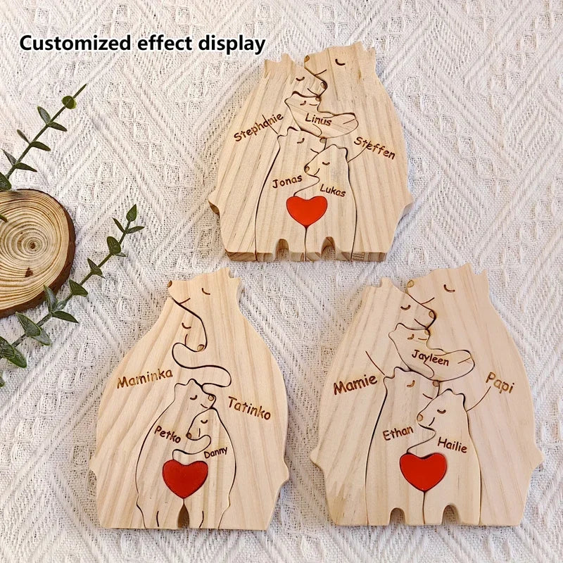 Art Wooden Bear Family Puzzle Personalized Name Custom Home Decor Thanksgiving Christmas Heartwarming Gift for Baby Mom