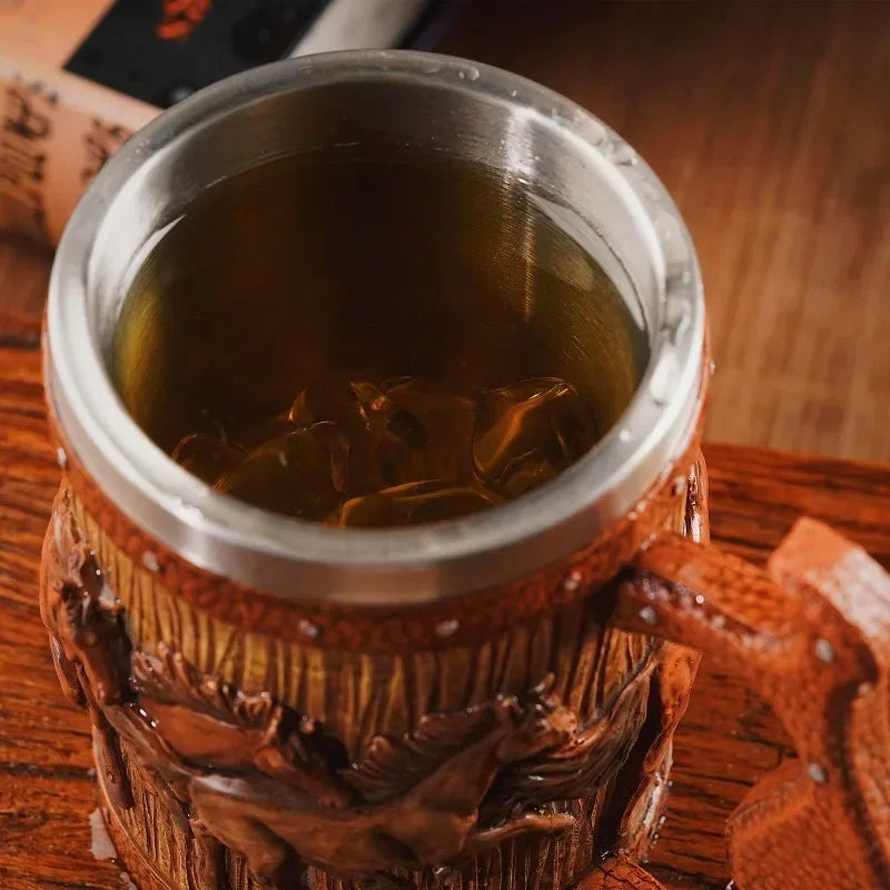 3D Handmade Beer Mug Wood Stainless Steel Cup Running Horses Simulation Wooden Barrel Double Wall Vintage Bar Accessories