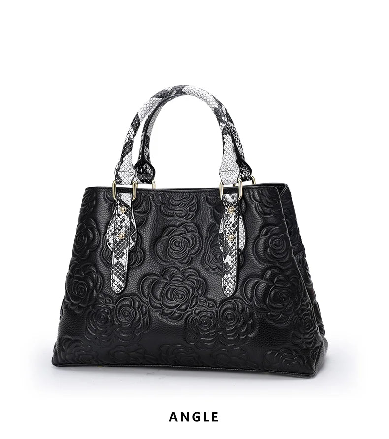 Aidrani  Women's luxury leather handbag, large capacity black, with floral and snake pattern design,