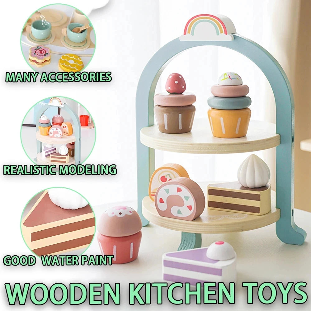 Wooden Kitchen Pretend Play Toy Tea Party Set for Little Girls Coffee Maker Set Cake Ice Cream Tea Playset for 3 4 5 6 Ages Girl