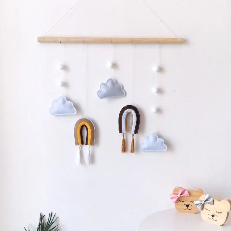 Nordic Style Cute Felt Clouds Shape Wall Hanging Ornament Wooden Stick Tassel Pendant Kids Room Decoration Photography Props