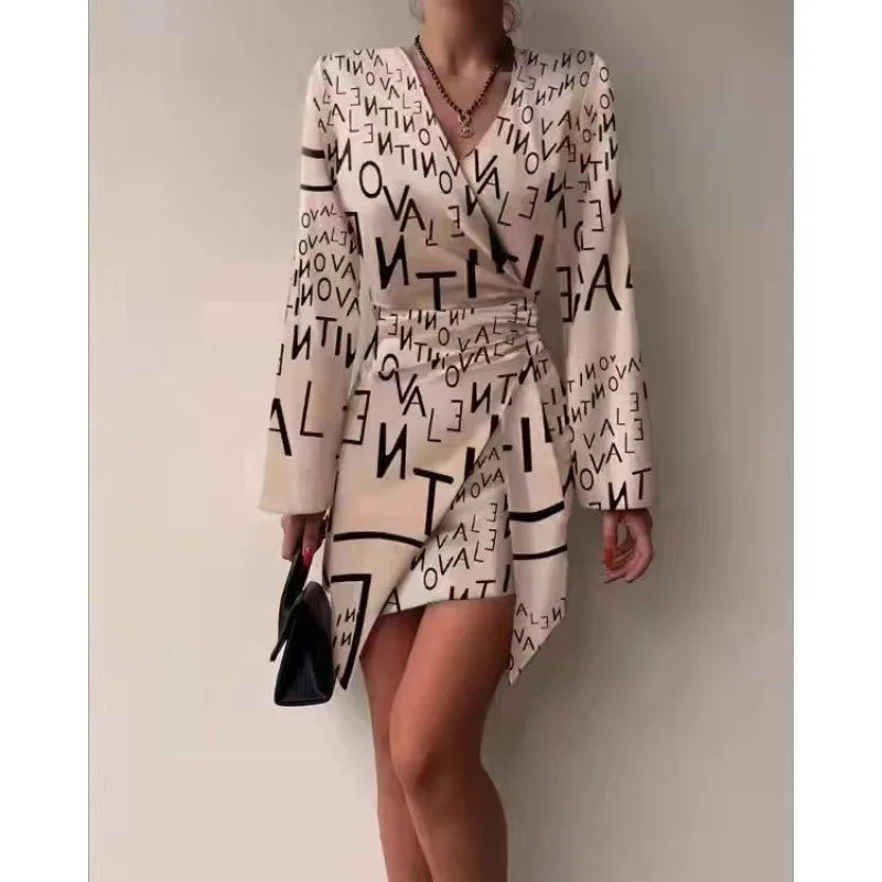 Women's Autumn New Long Sleeved Fashionable Printed Pleated Dress Sexy V-neck Irregular Casual Short Dress For Women