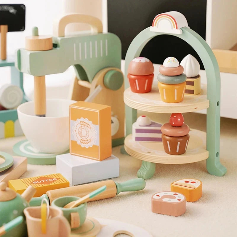 Wooden Kitchen Pretend Play Toy Tea Party Set for Little Girls Coffee Maker Set Cake Ice Cream Tea Playset for 3 4 5 6 Ages Girl