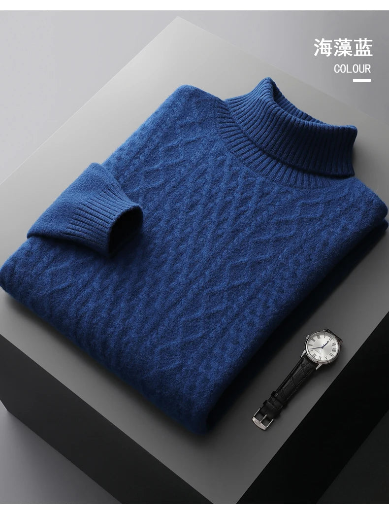 Autumn and winter new 100% wool cashmere sweater men's high neck thick jacquard bottoming shirt loose knit top warm pullover