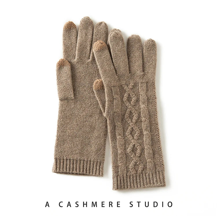 100% Real Cashmere Knitted Gloves Touchscreen Finger Women Autumn Winter Thick Cable Warm Wrist Length Classic Female Mitten