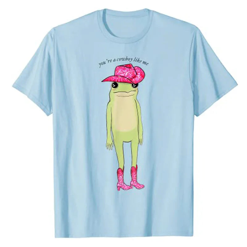 You're A Cowboy Like Me Funny Frog Pink Cowboy-Hat Cowgirl T-Shirt Western Country Southern Style Graphic Tee Tops Cute Outfits